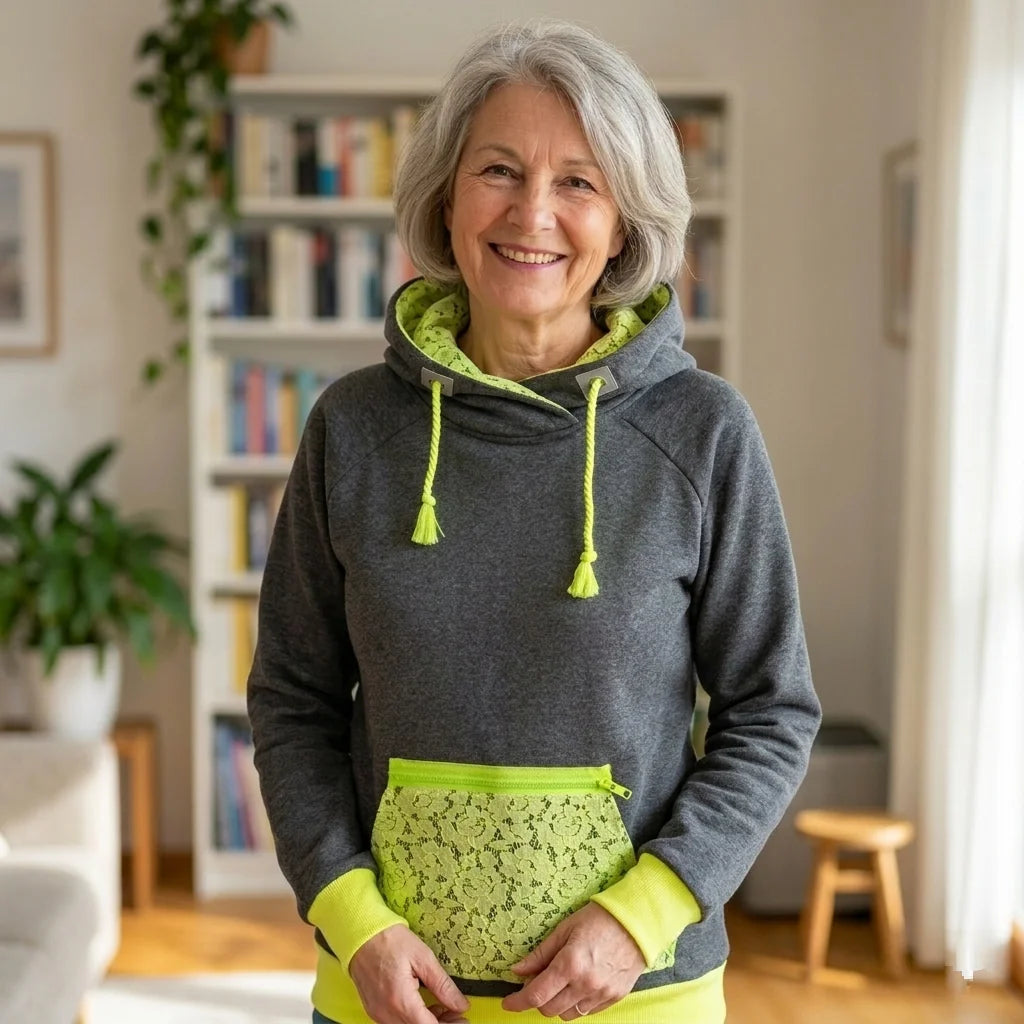 Dunkelgrauer Hoodie mit neongelber Kängurutasche, Reißverschluss und Kordel