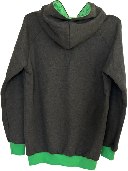 Dunkelgrauer Kapuzenpullover mit neongrünen Bündchen