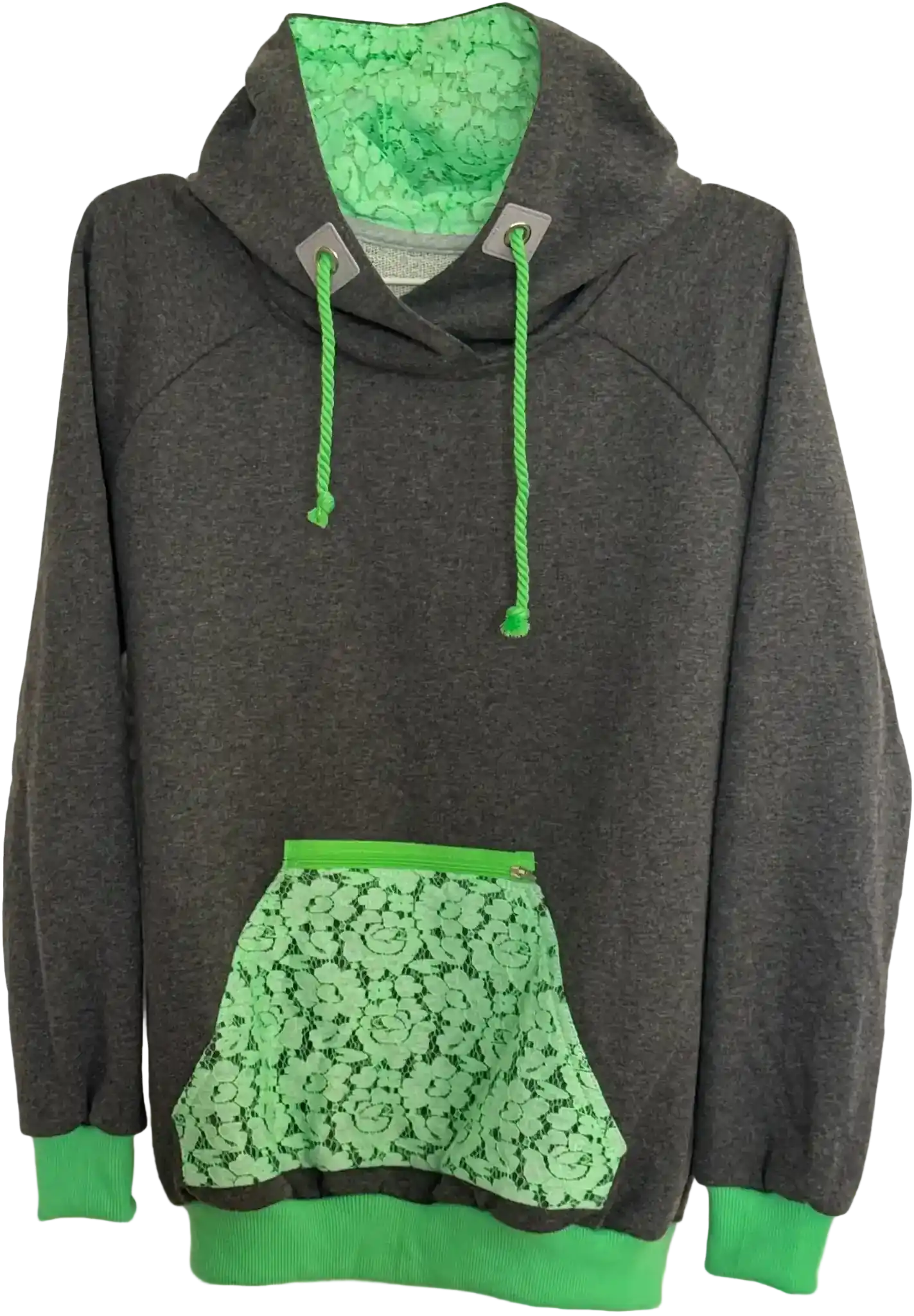 Dunkelgrauer Hoodie mit neongrüner Spitze