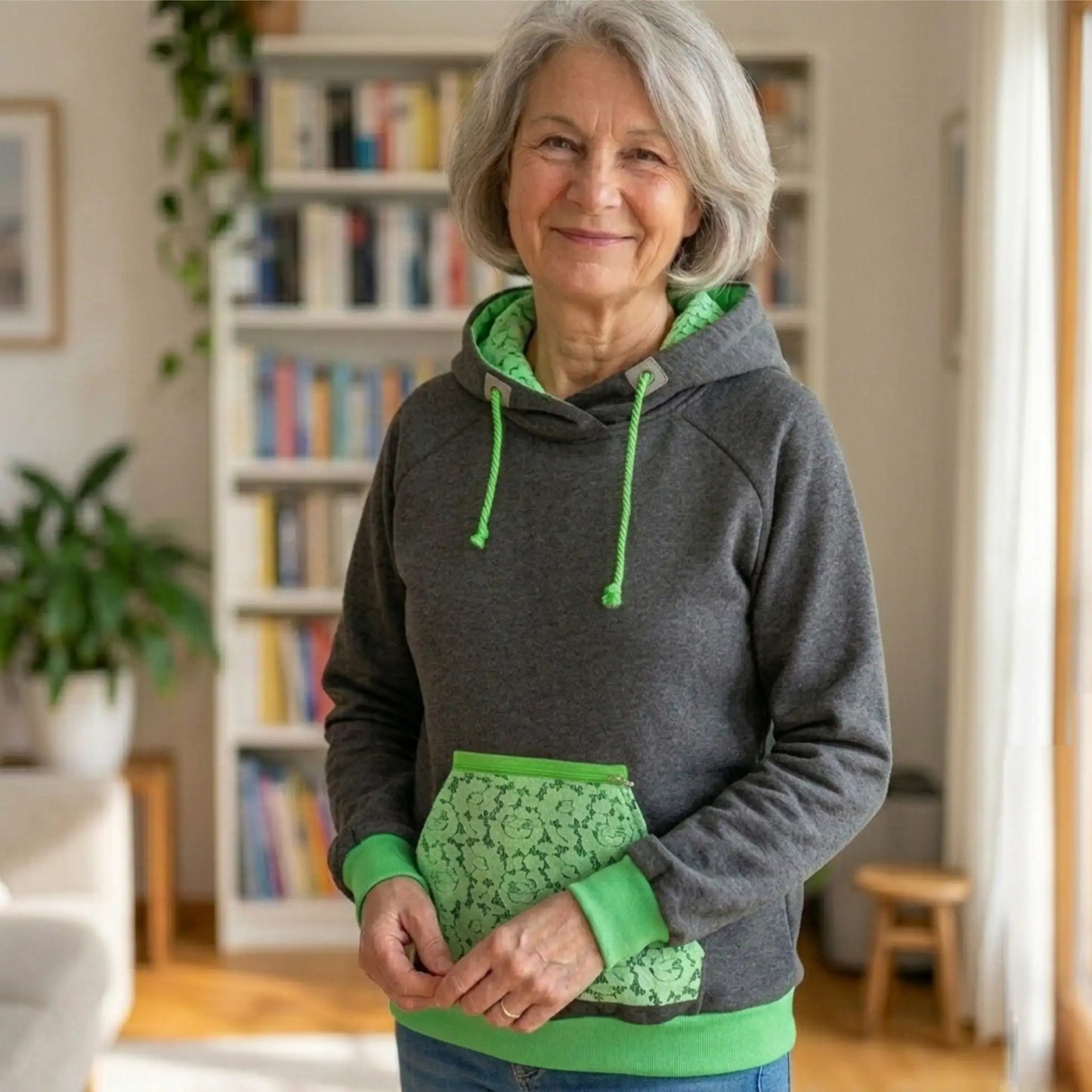 Dunkelgrauer Hoodie mit neonggrüner Kängurutasche, Reißverschluss und Kordel