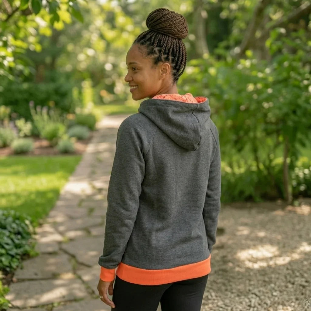 Dunkelgrauer Hoodie mit neonorangen Details