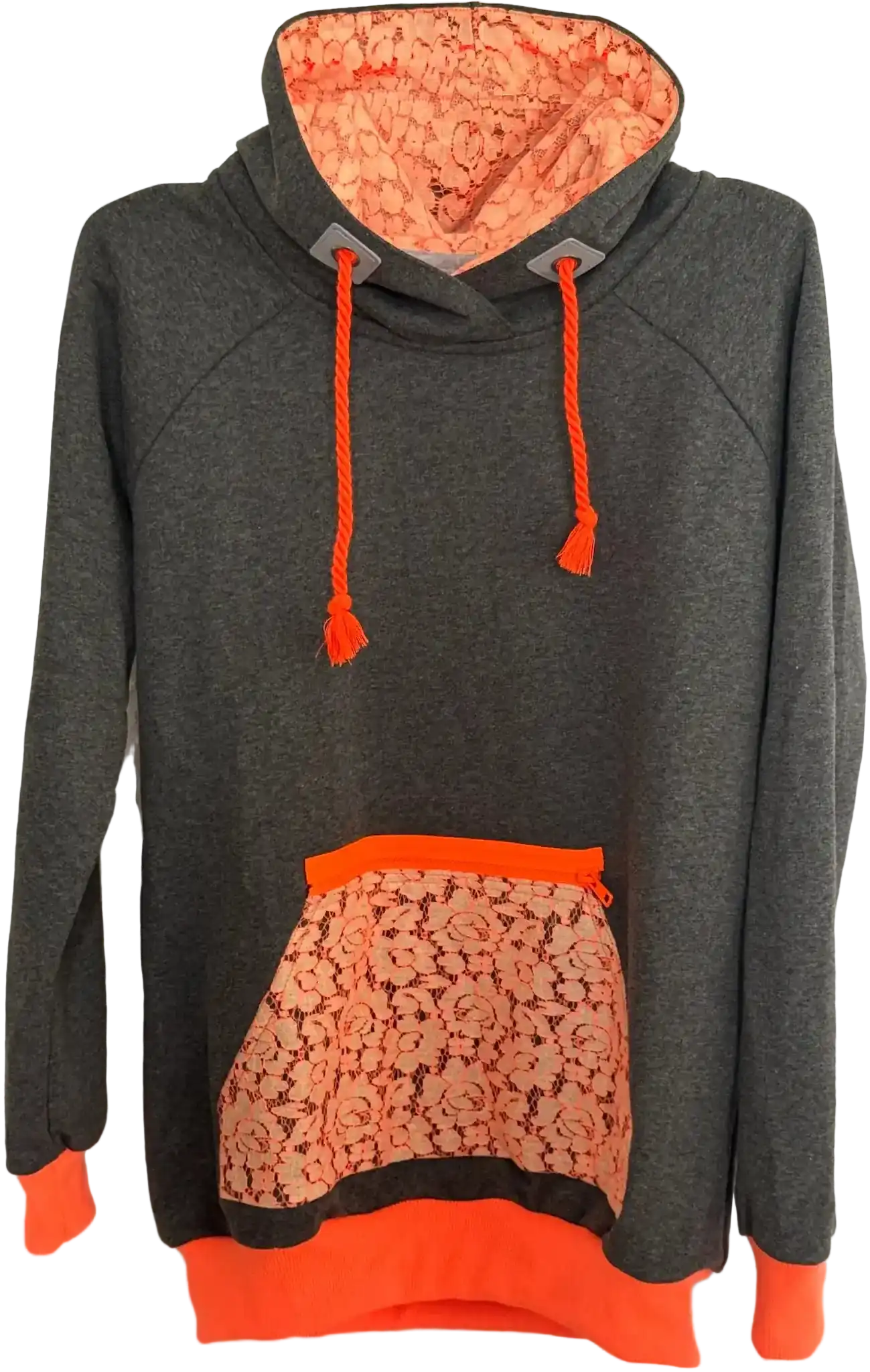 Dunkelgrauer Hoodie mit neonoranger Spitze