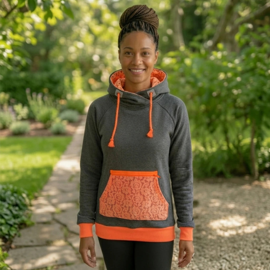Dunkelgrauer Hoodie mit neonorangener Kängurutasche, Reißverschluss und Kordel