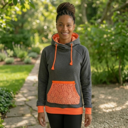 Dunkelgrauer Hoodie mit neonorangener Kängurutasche, Reißverschluss und Kordel