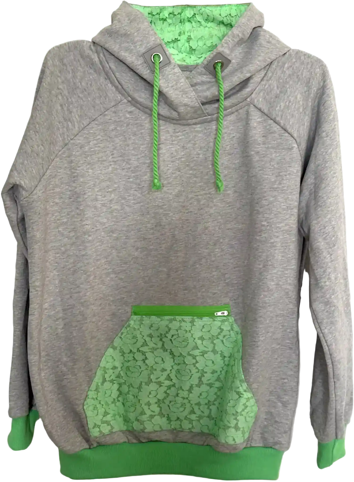 Hellgrauer Hoodie mit neongrüner Spitze