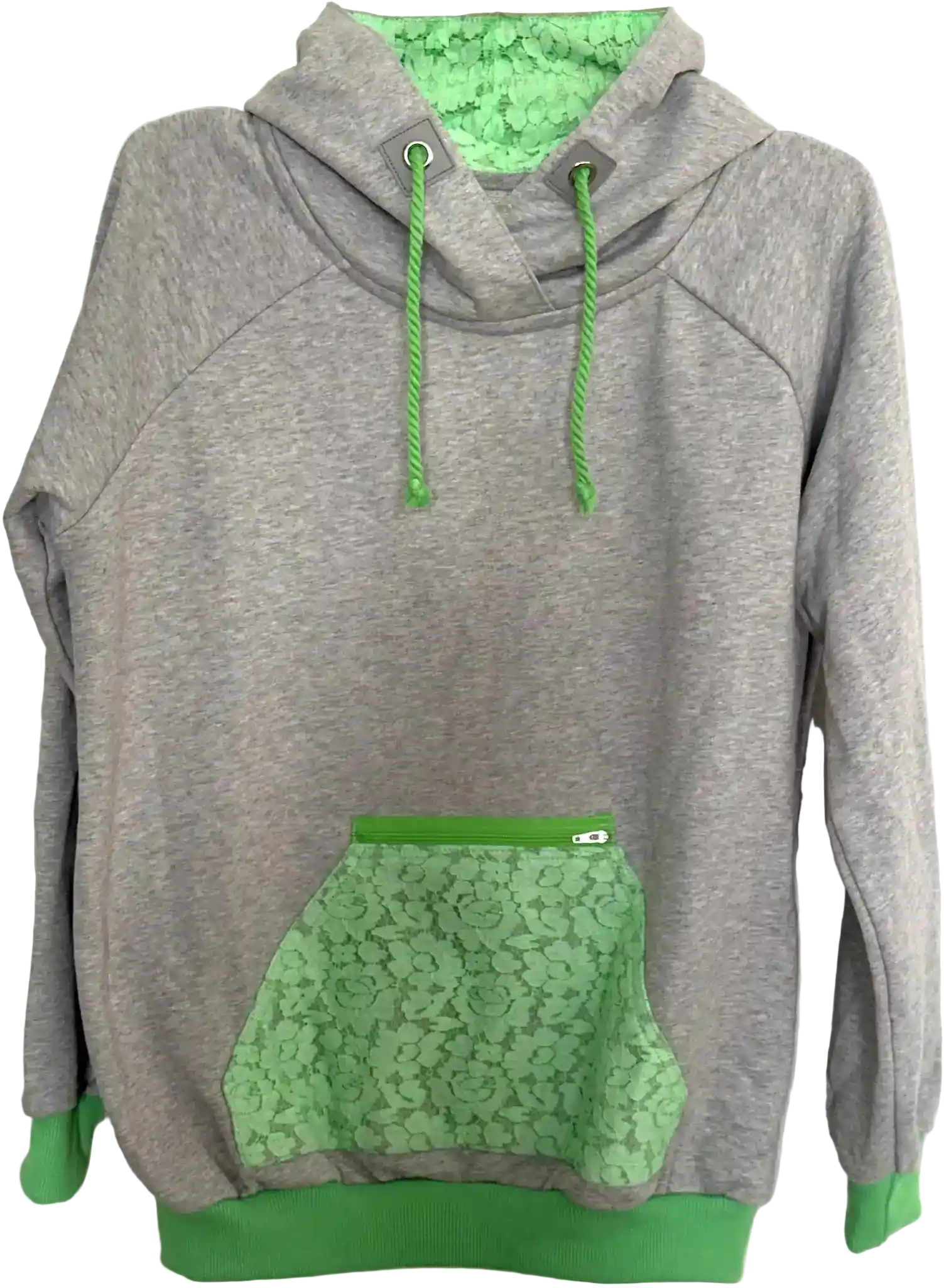 Hellgrauer Hoodie mit neongrüner Spitze