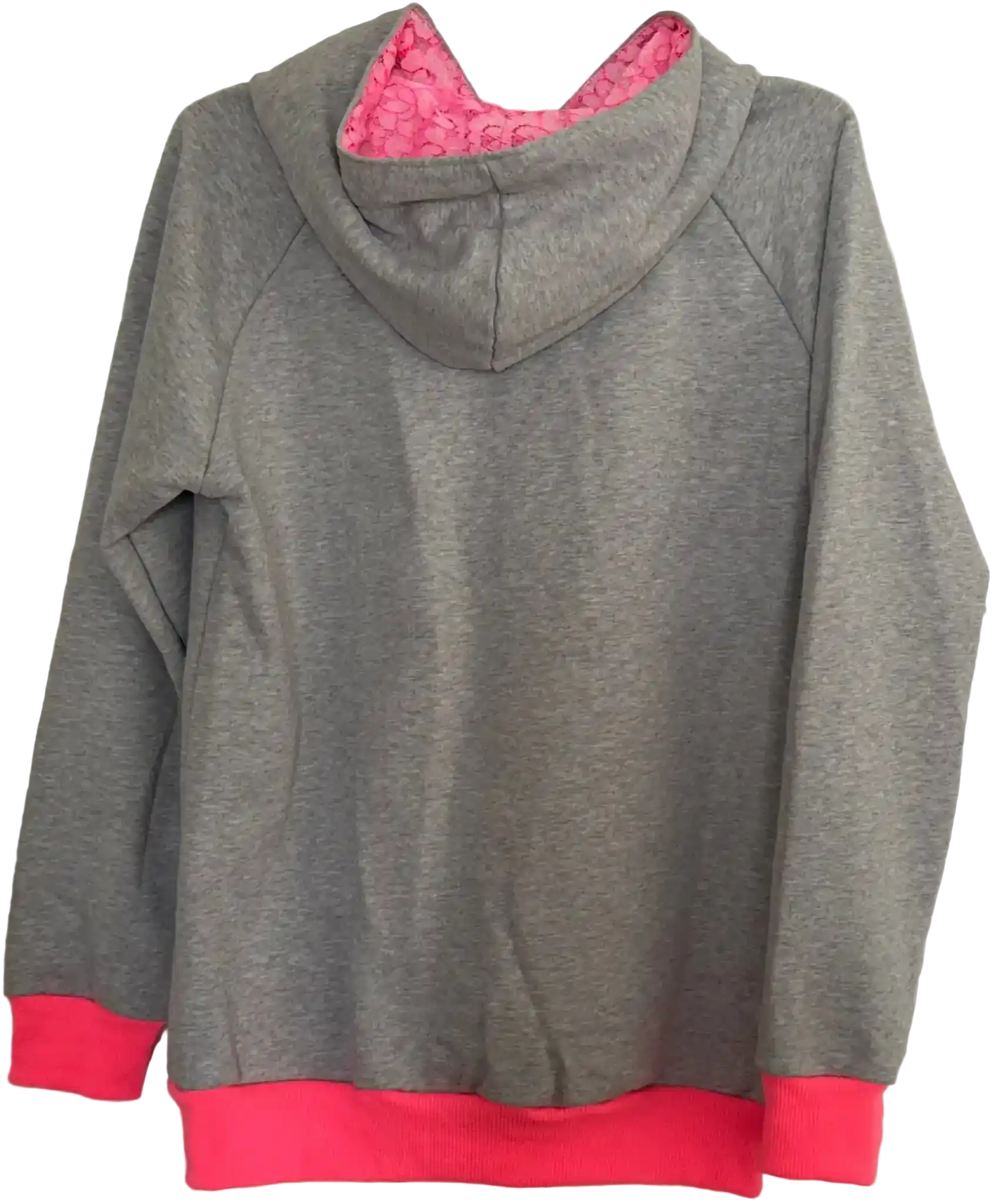 Hellgrauer Kapuzenpullover mit neonpinken Bündchen