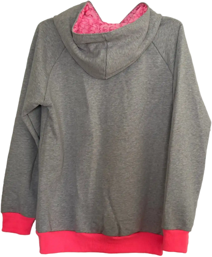Hellgrauer Kapuzenpullover mit neonpinken Bündchen