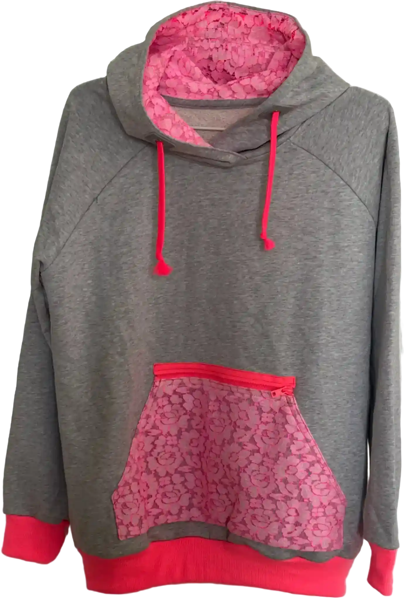 Hellgrauer Hoodie mit neonpinker Spitze