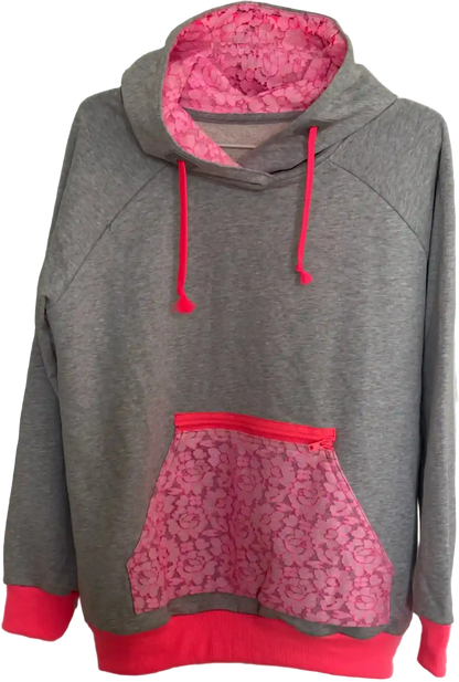 Hellgrauer Hoodie mit neonpinker Spitze