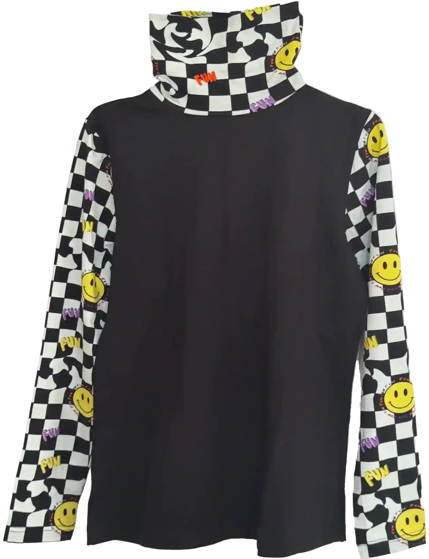 Schwarzes Longsleeve mit schwarz-weißem Schachbrettmuster für Damen
