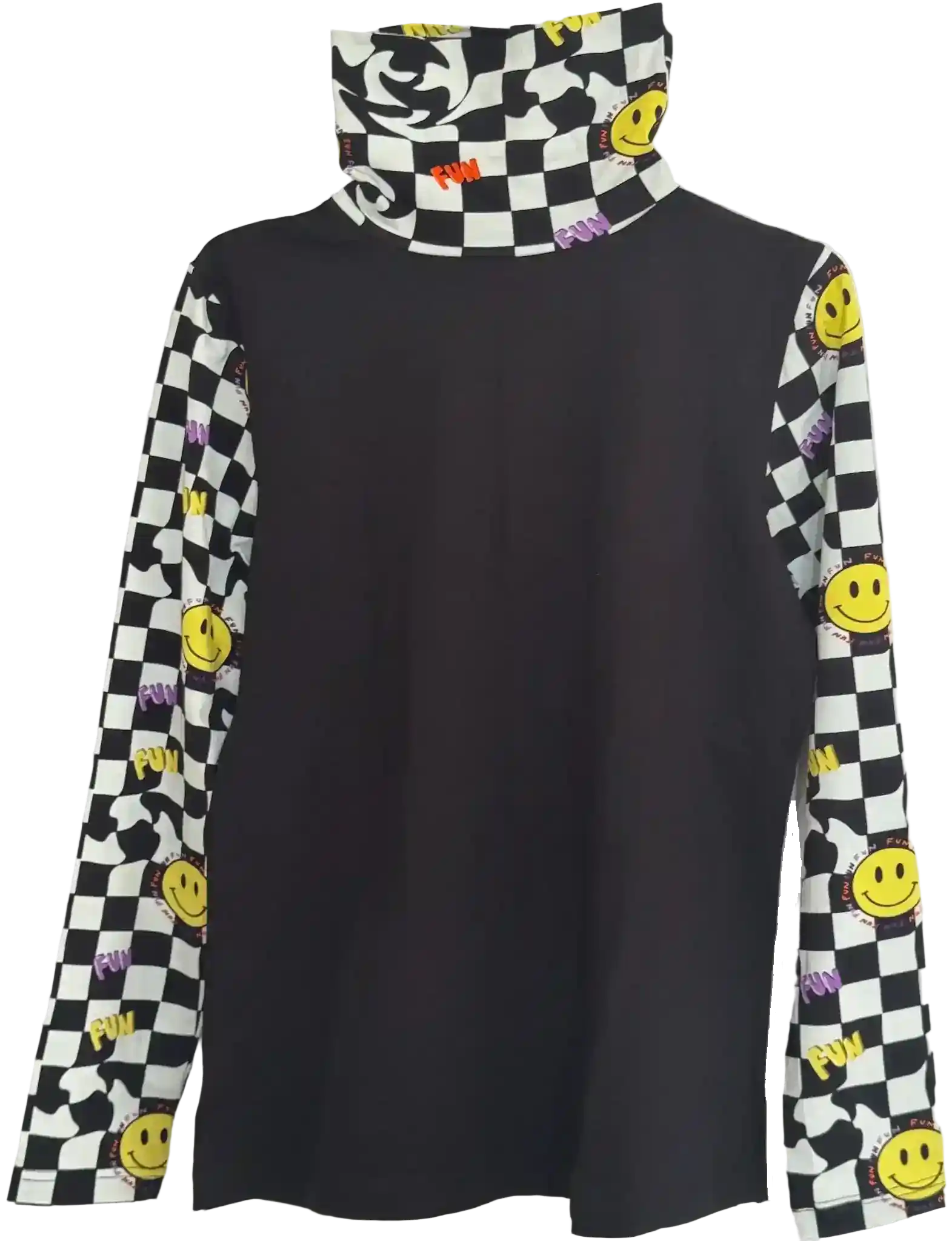 Schwarzes Longsleeve mit schwarz-weißem Schachbrettmuster für Damen