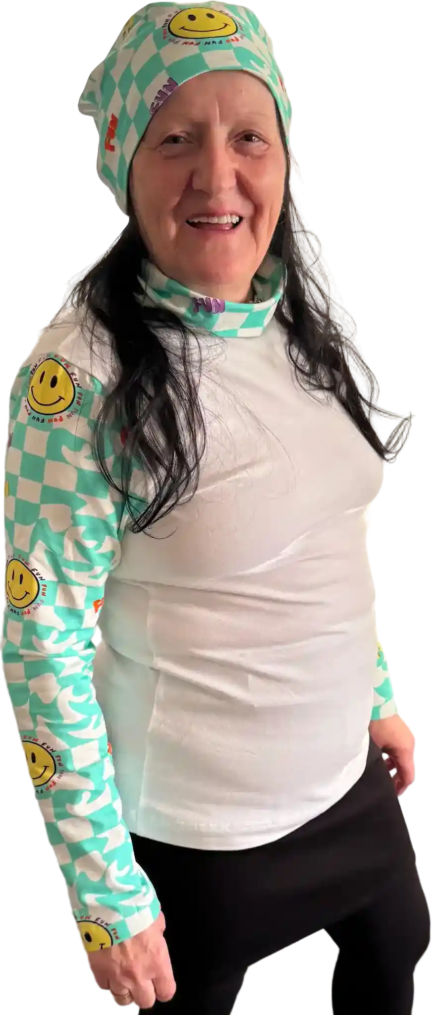 Weißes Longsleeve mit mint-weißem Schachbrettmuster und Emoji-Print 
