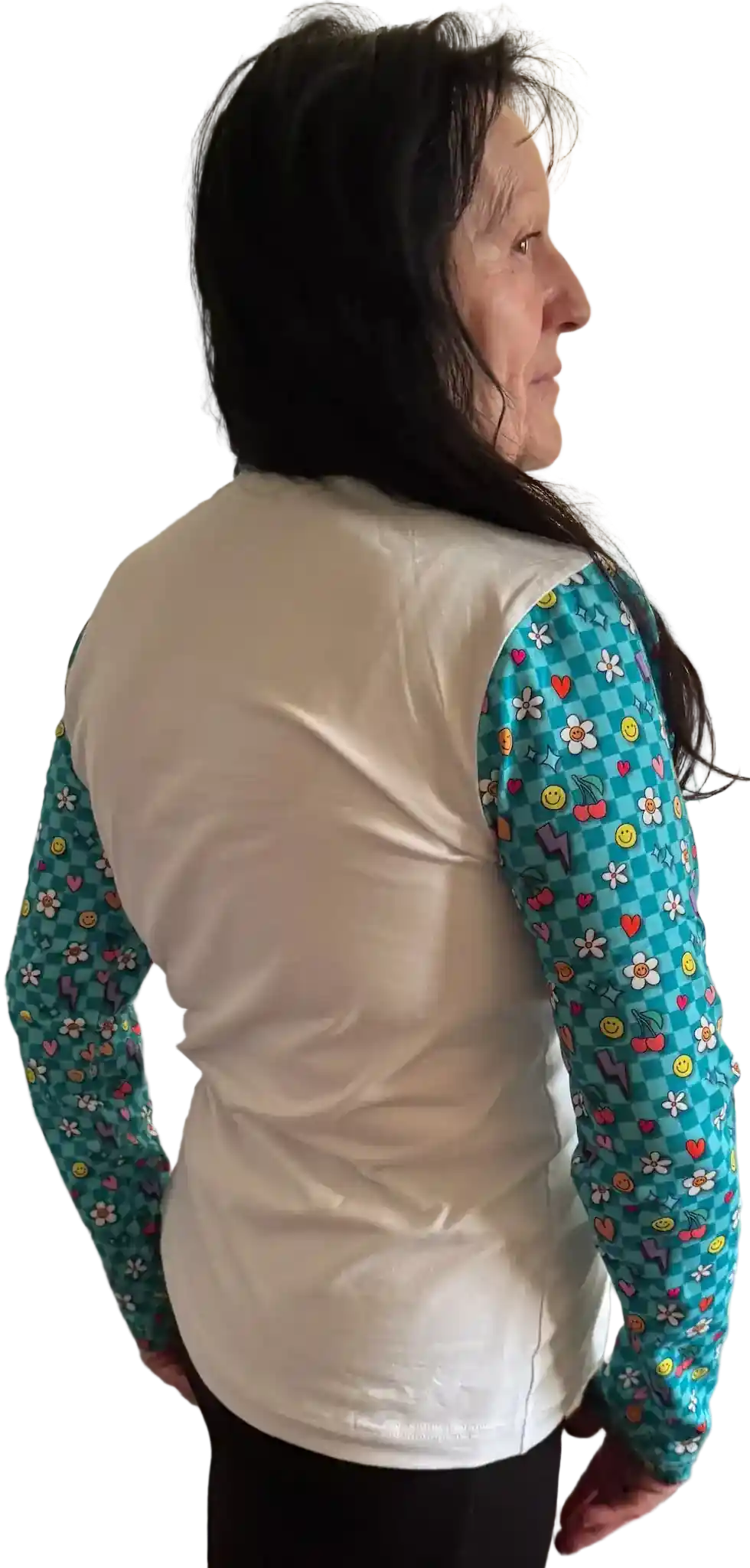Weißes Longsleeve mit türkisem Retro-Blumen-Print für Damen