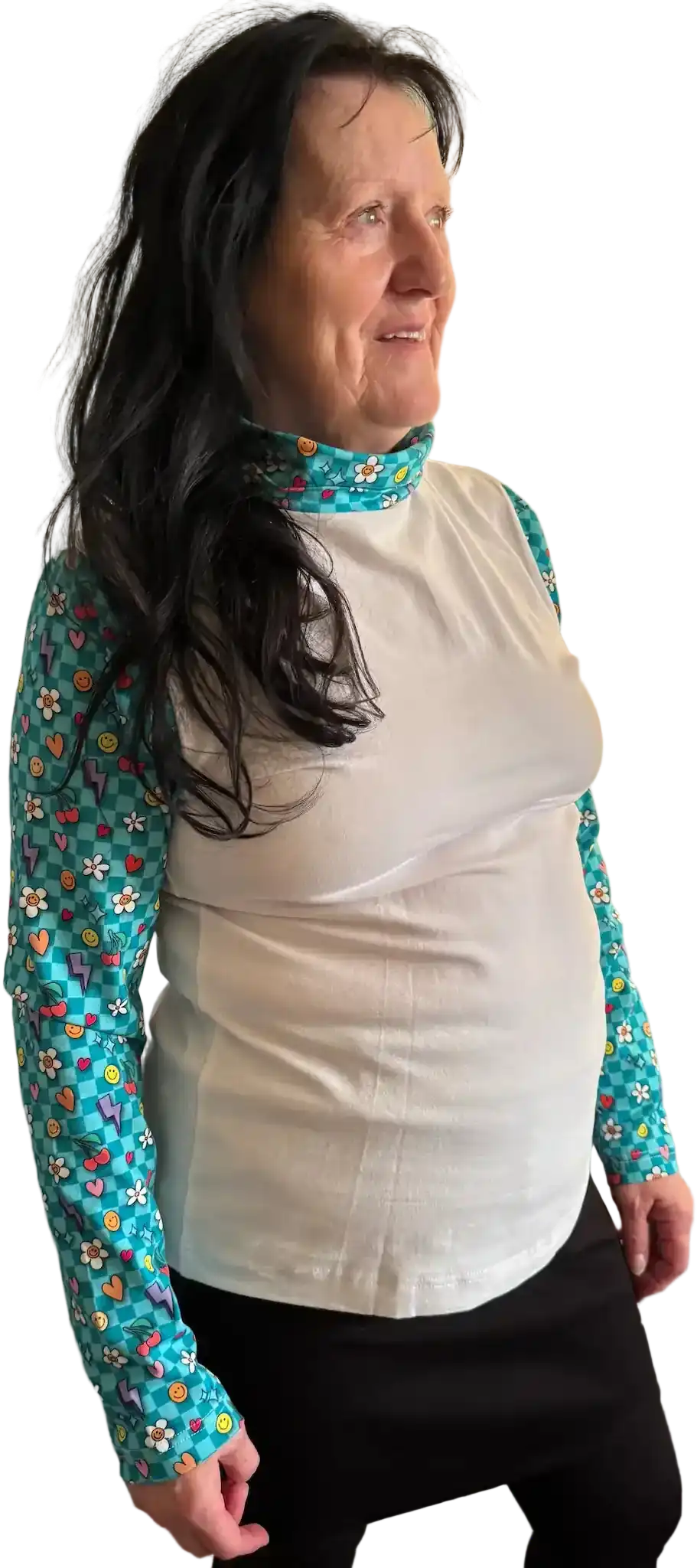 Weißes Longsleeve mit türkisem Blumen-Emoji-Print für Damen