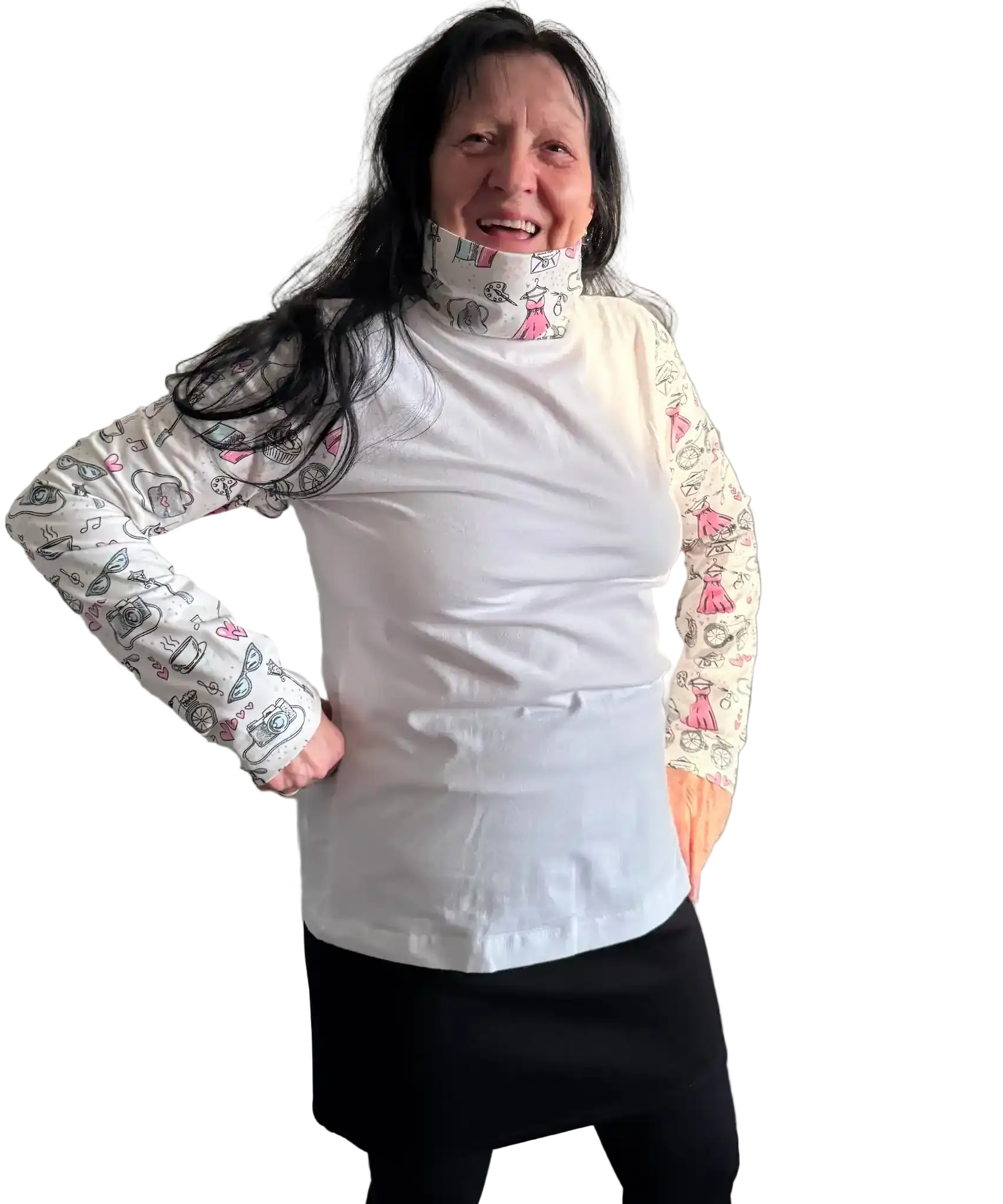 Weißes Longsleeve mit Fashion-Illustration-Print für Damen