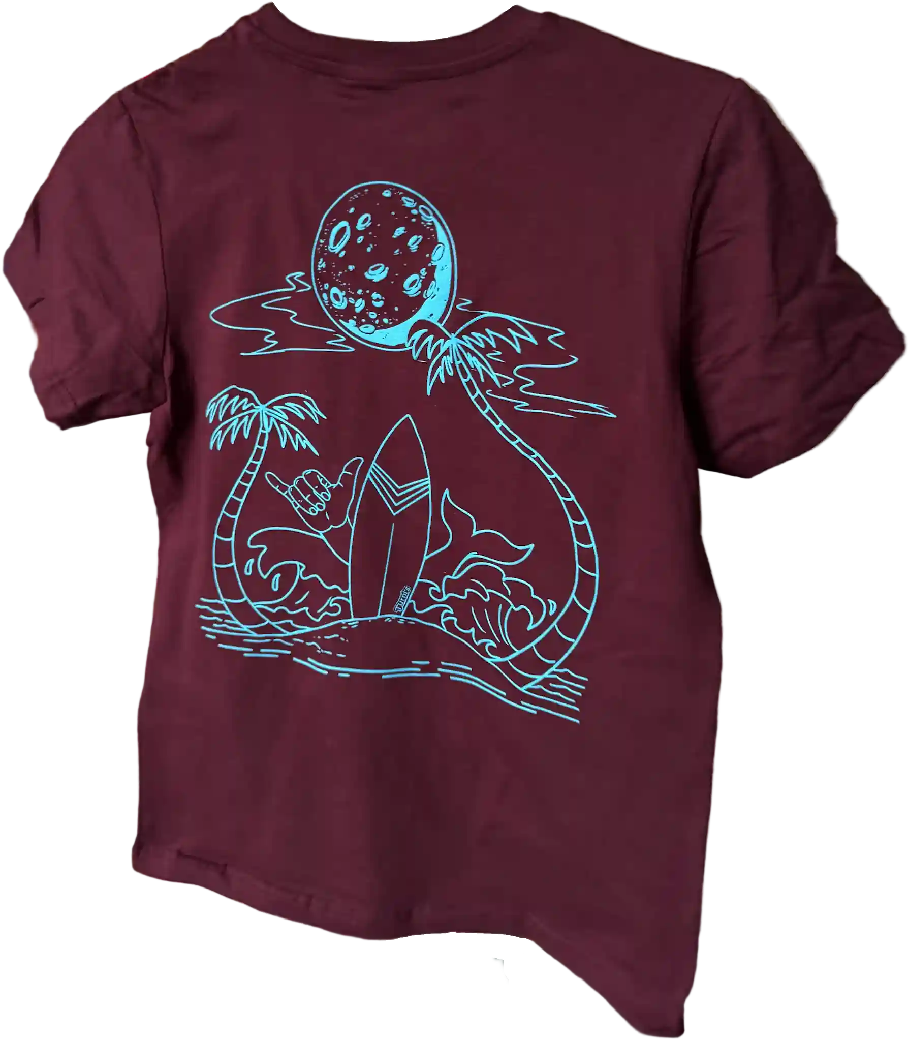 Bordeauxrotes Kinder T-Shirt mit Surf-Motiv und Shaka-Zeichen