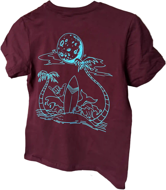 Bordeauxrotes Kinder T-Shirt mit Surf-Motiv und Shaka-Zeichen