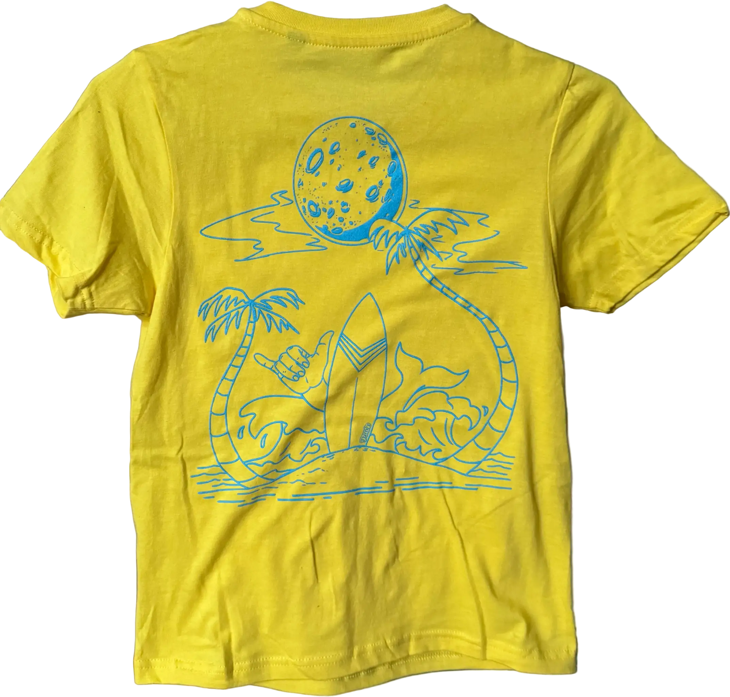 Gelbes Kinder T-Shirt mit Surf-Motiv und Shaka-Zeichen