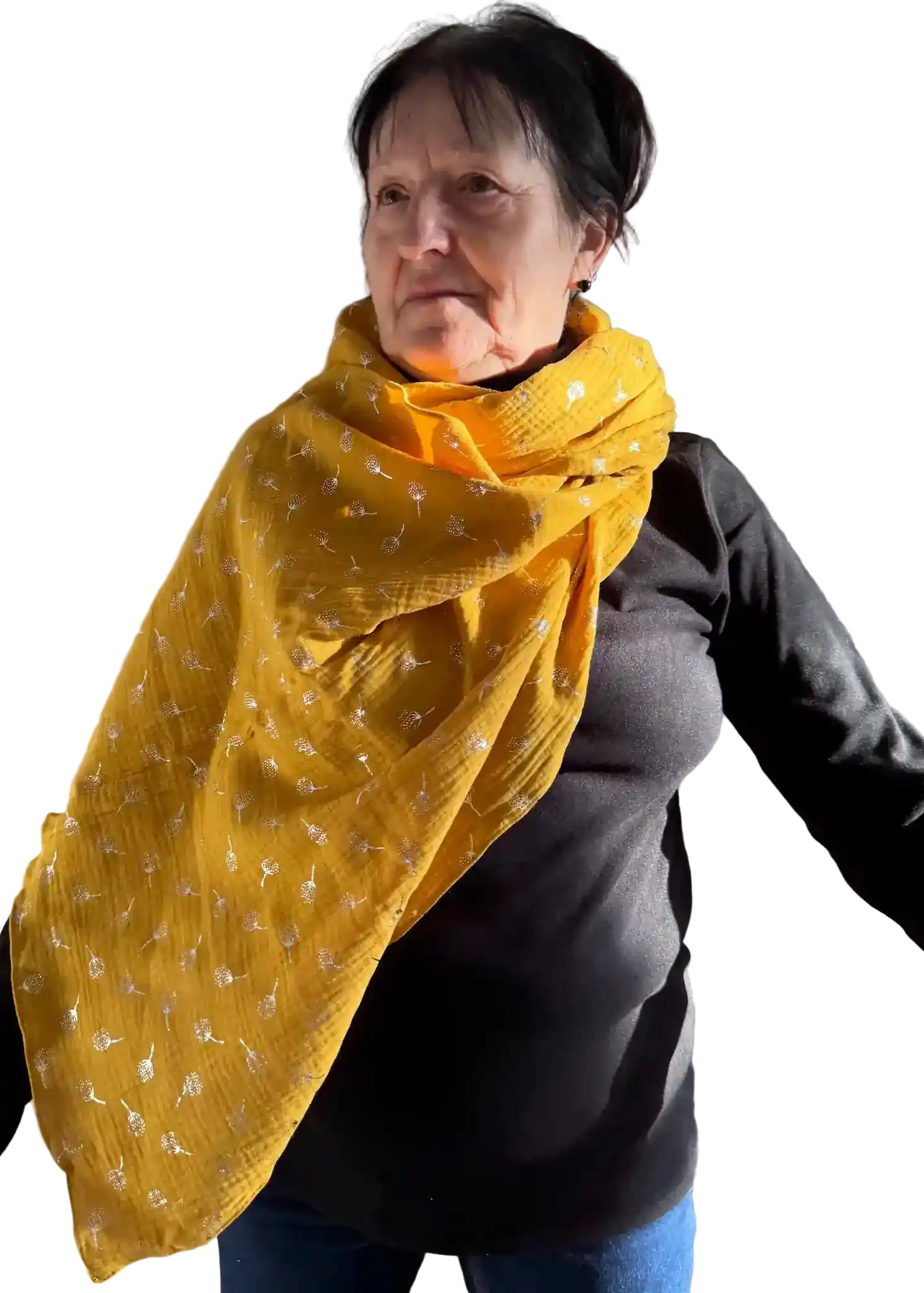 Gelbbraunes / Senffarbenes Musselin Halstuch mit weißen Pusteblumen