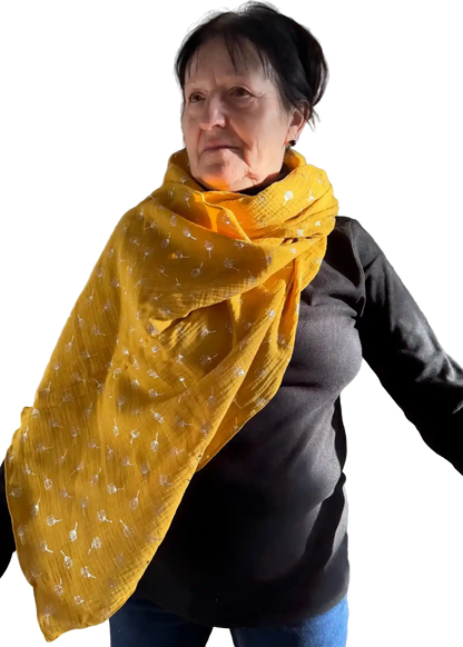 Gelbbraunes / Senffarbenes Musselin Halstuch mit weißen Pusteblumen