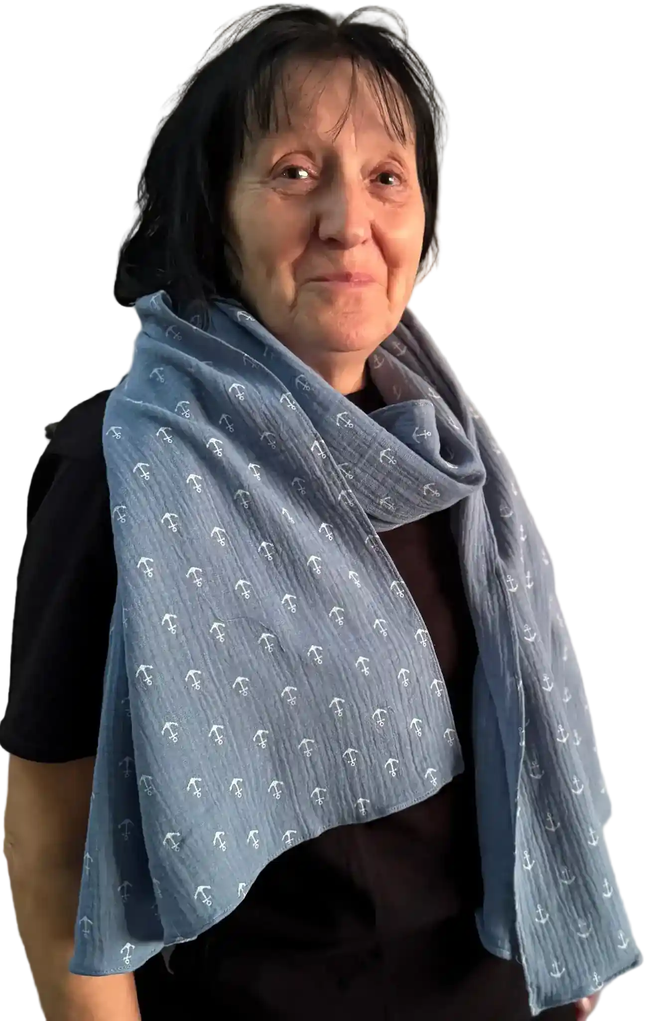 Musselin Schal in Jeansblau mit Ankermuster
